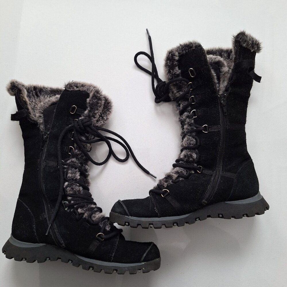 Skechers Black Grand Jams Leather Boots with Faux Fur Trim